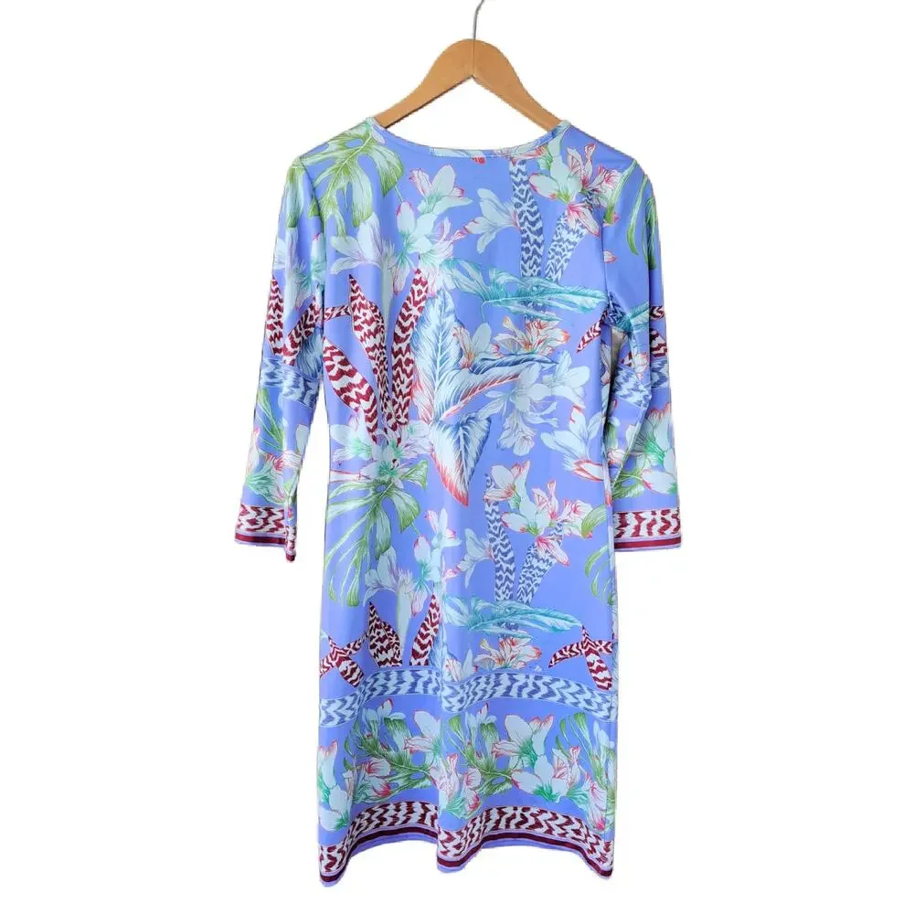 Jean-Peirre Klifa Paris Tropical Floral Print Dress Small 3/4 Sleeve Blue - Picture 9 of 9